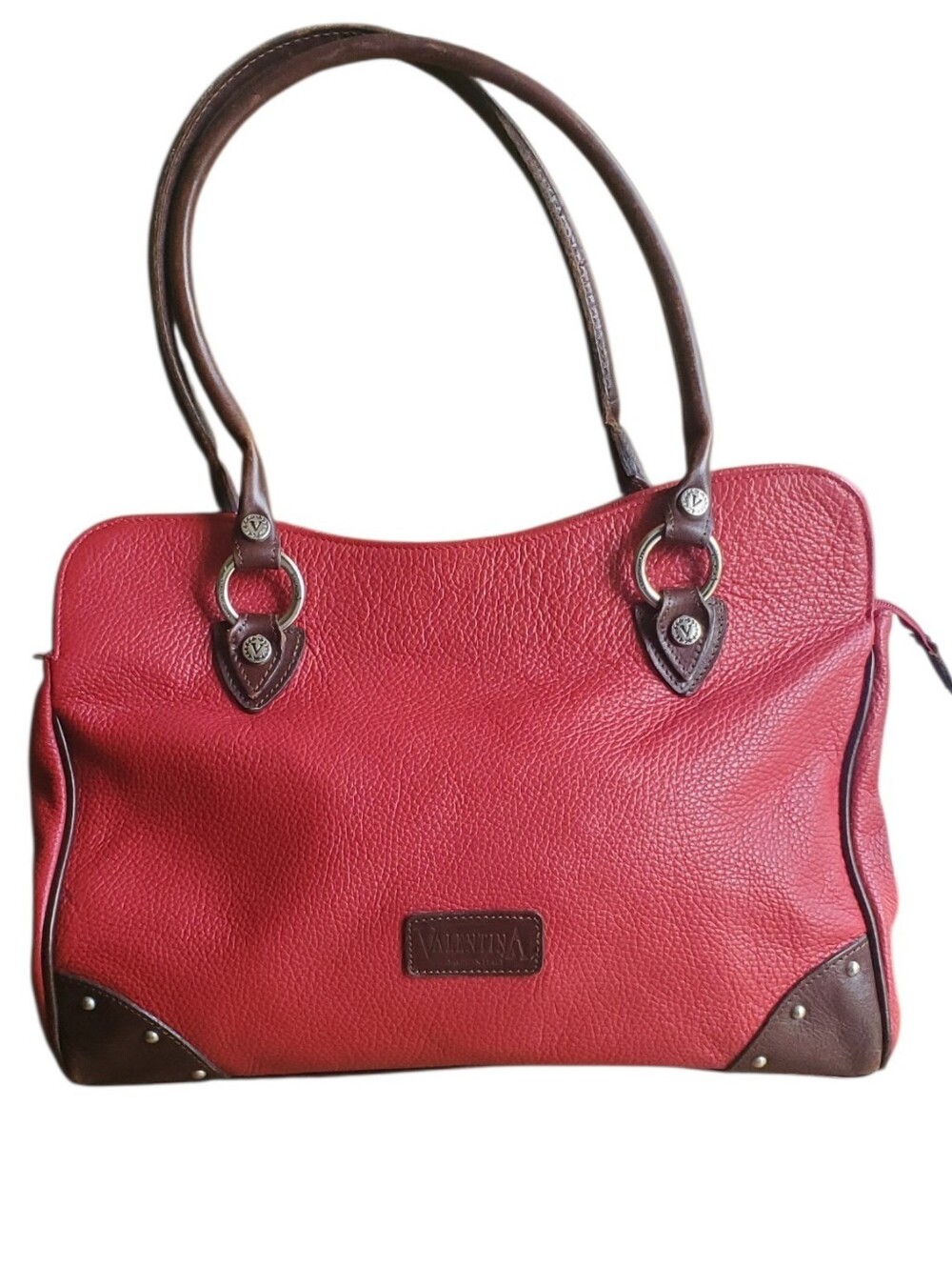 Valentina Vintage Red Pebbled Leather Shoulder Tote Bag
